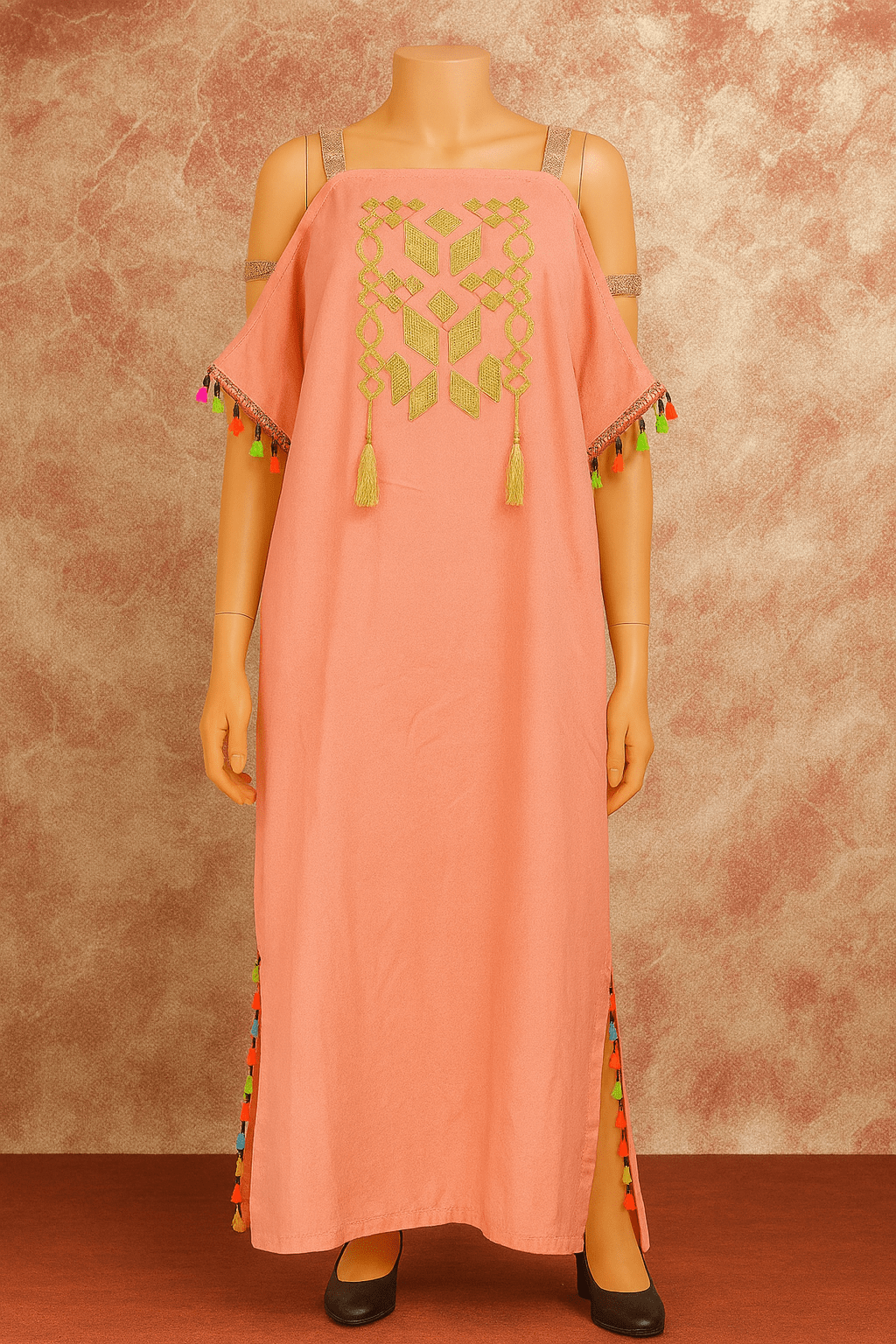 Gandoura à bretelle motif berbère & pompons