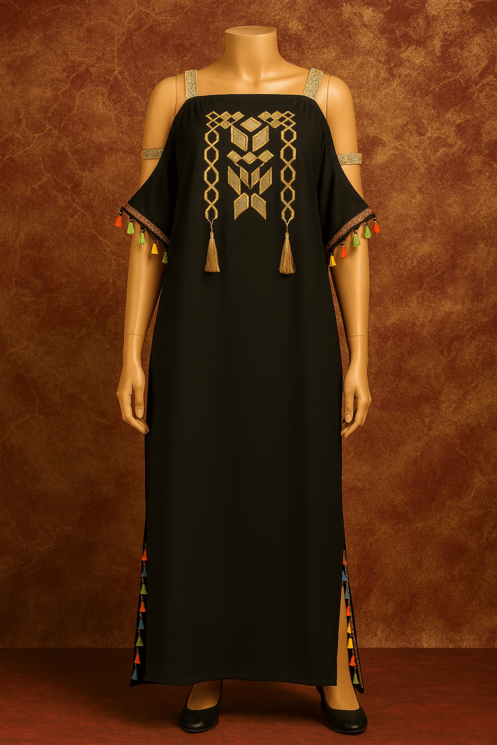 Gandoura à bretelle motif berbère & pompons