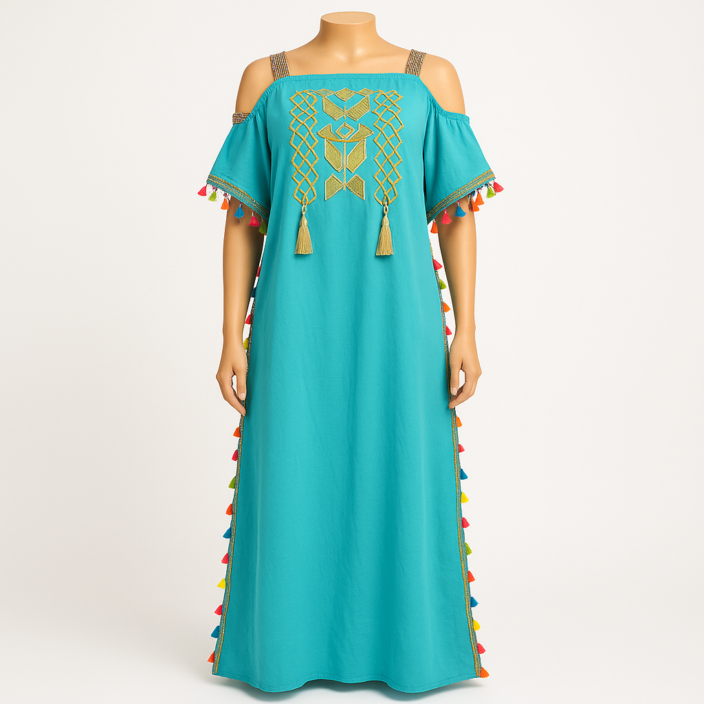 Gandoura à bretelle motif berbère & pompons