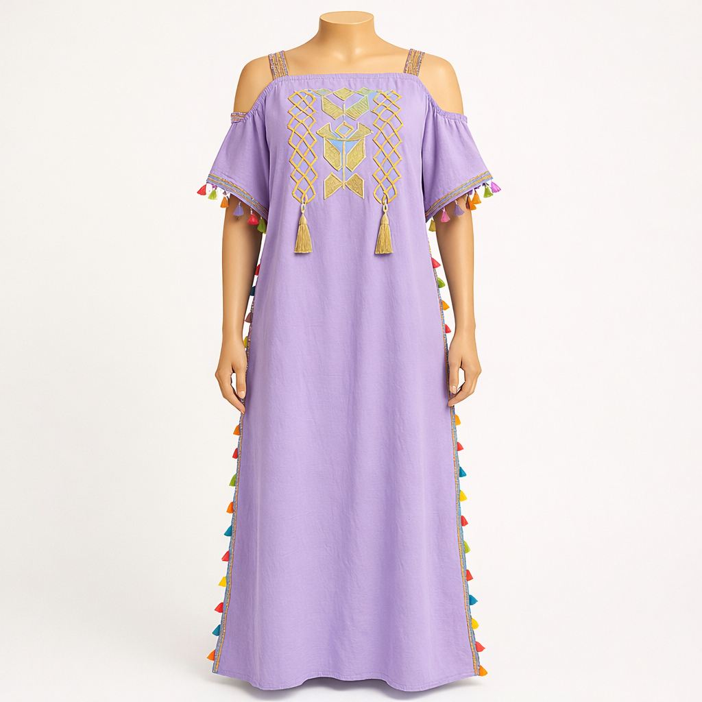 Gandoura à bretelle motif berbère & pompons